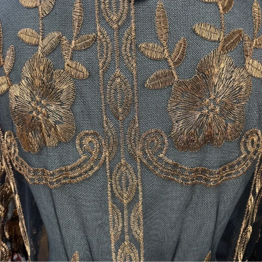 Haute Monde Kimono Duster Robe Jacket Women Size L Bronze Embroidery Boho Retro